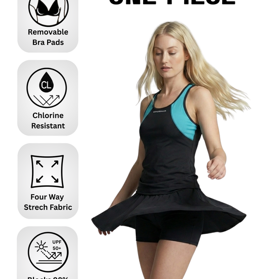 Woman wearing a black and teal swimsuit with product features displayed on a white background