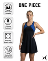 Woman wearing a black and blue one-piece swimsuit with product features displayed on a white background.
