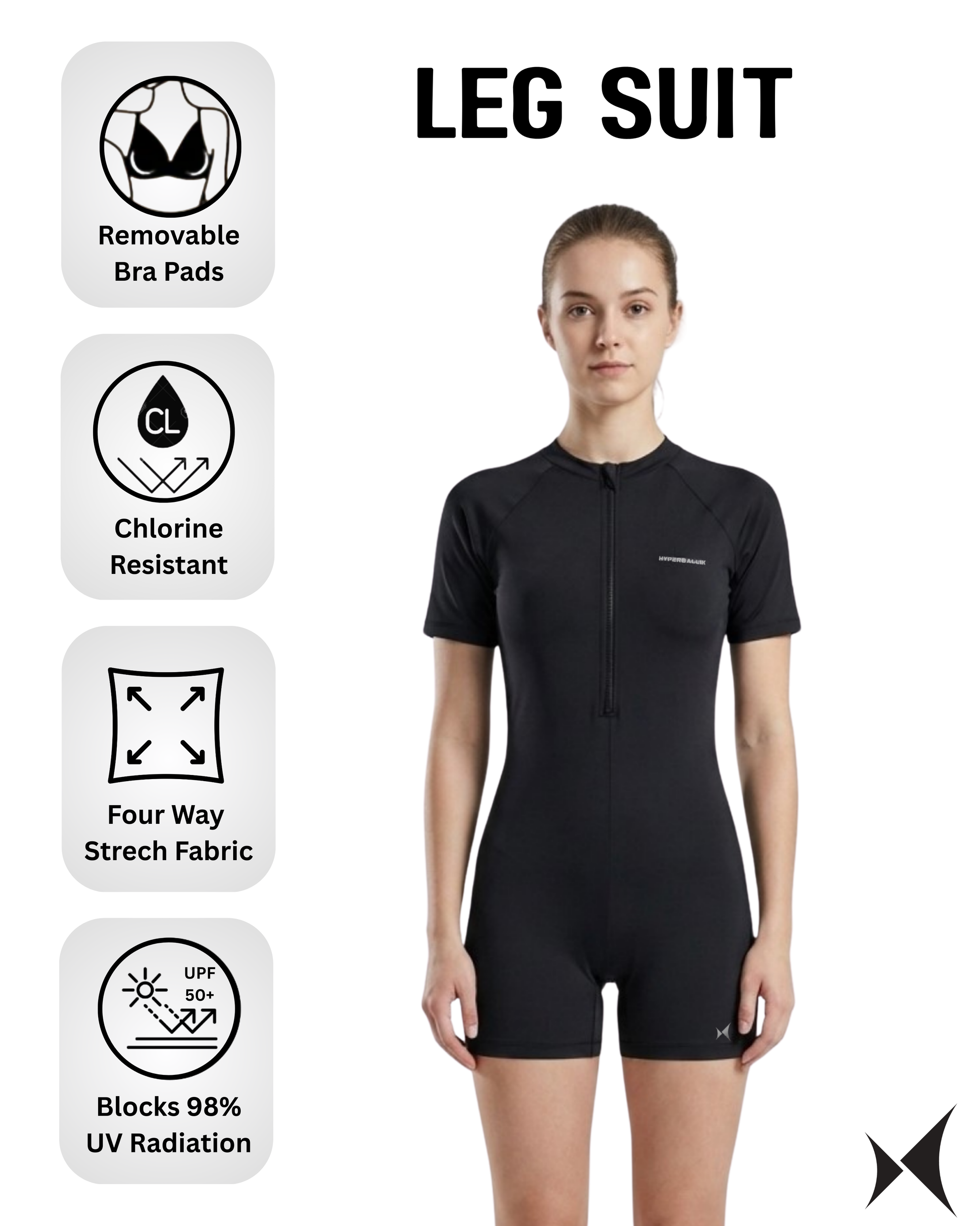 Black leg suit with features highlighted on a white background