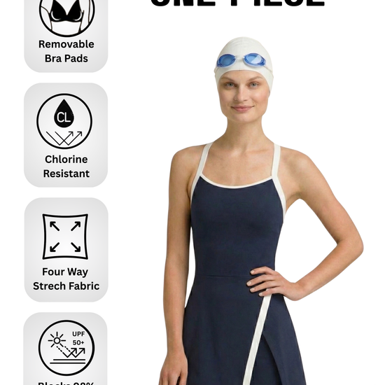 Woman wearing a navy one-piece swimsuit with white straps, standing next to features of the swimsuit on a white background.