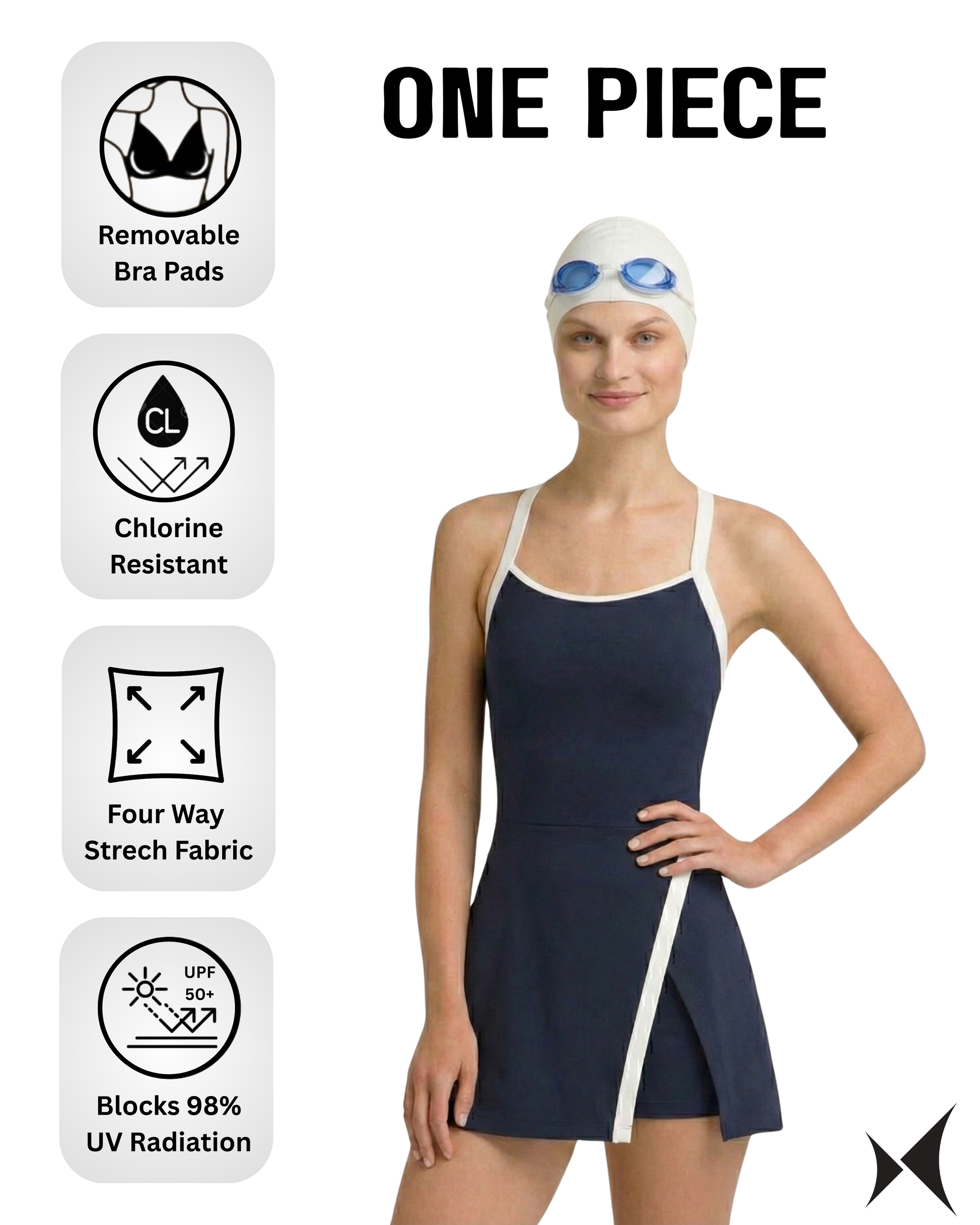 Woman wearing a navy one-piece swimsuit with white straps, standing next to features of the swimsuit on a white background.
