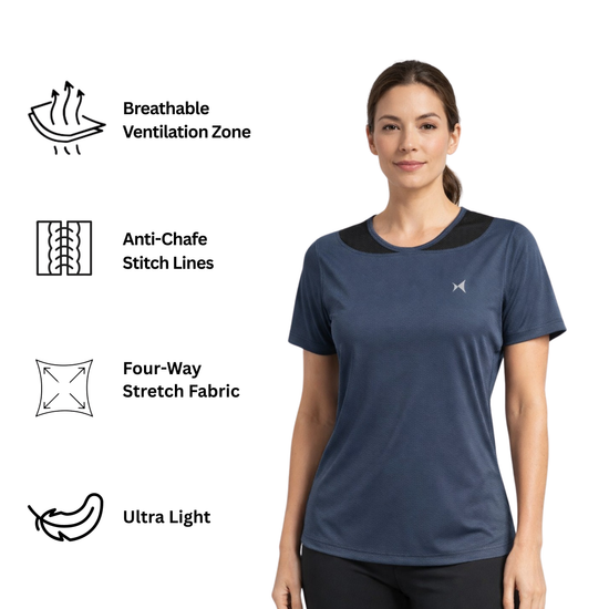 Woman wearing a blue athletic shirt with feature icons on a white background