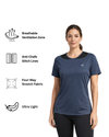 Woman wearing a blue athletic shirt with feature icons on a white background