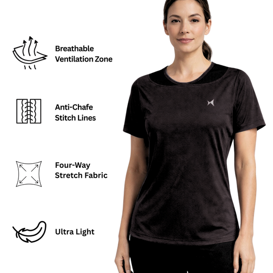 Woman wearing a black athletic shirt with feature icons on a white background