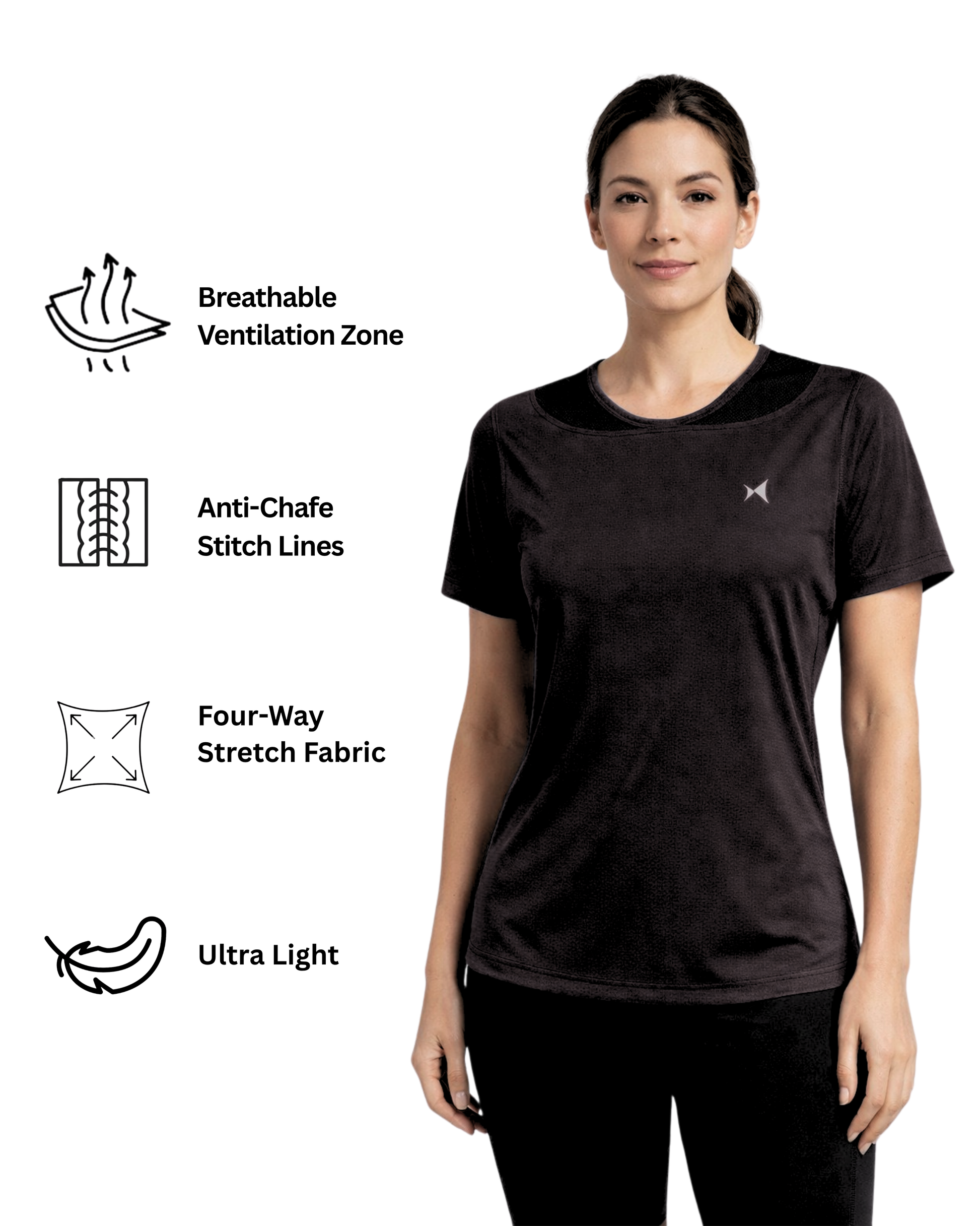Woman wearing a black athletic shirt with feature icons on a white background