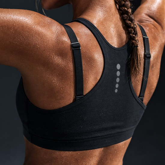 Person wearing a black sports bra with visible branding on a dark background