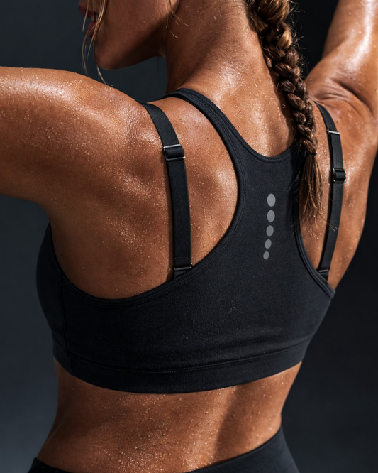 Person wearing a black sports bra with visible branding on a dark background