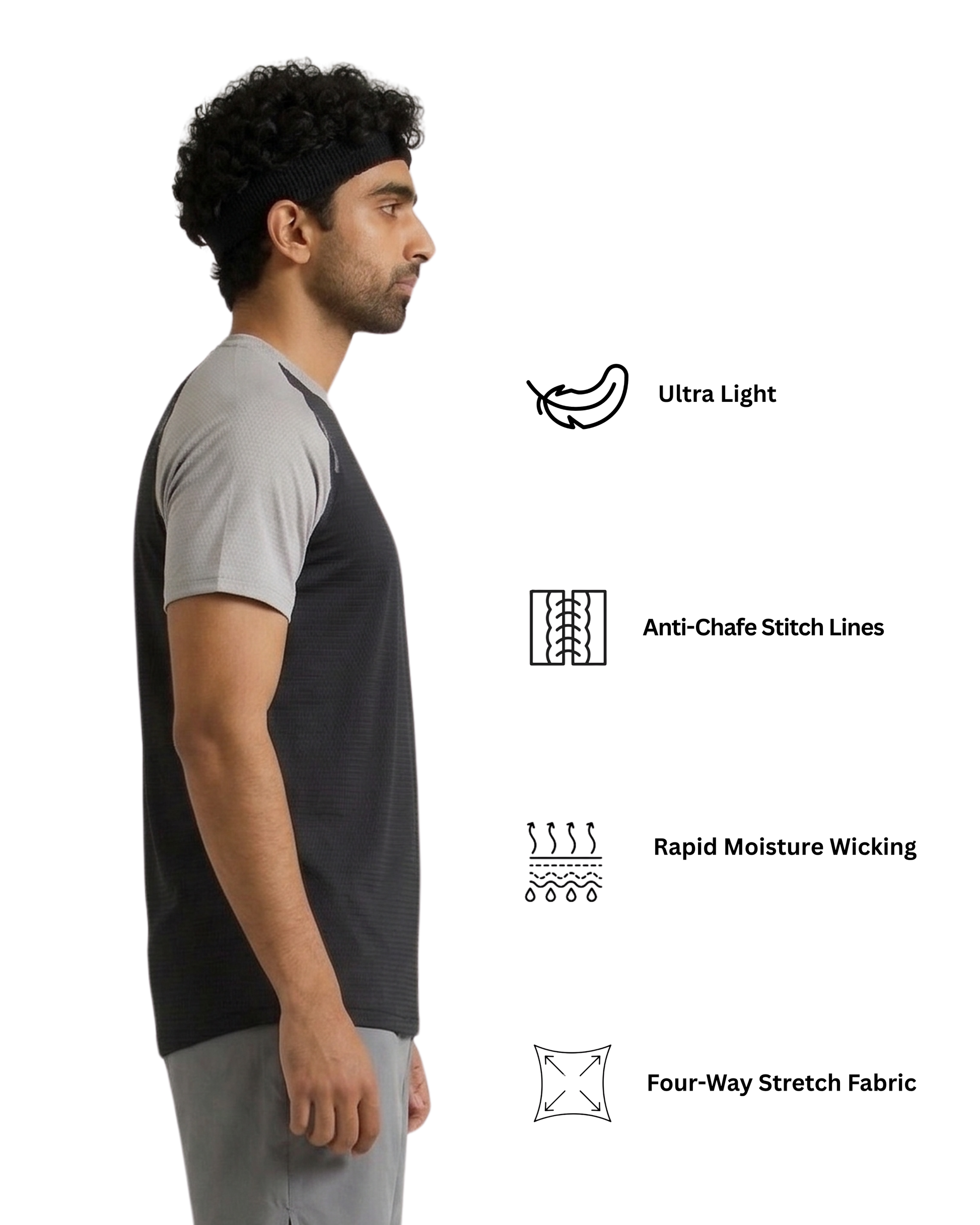 Man wearing a black and gray athletic shirt with feature icons on a white background