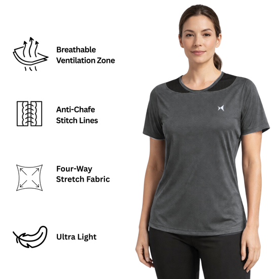 Woman wearing a gray athletic shirt with feature icons on a white background