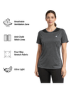 Woman wearing a gray athletic shirt with feature icons on a white background