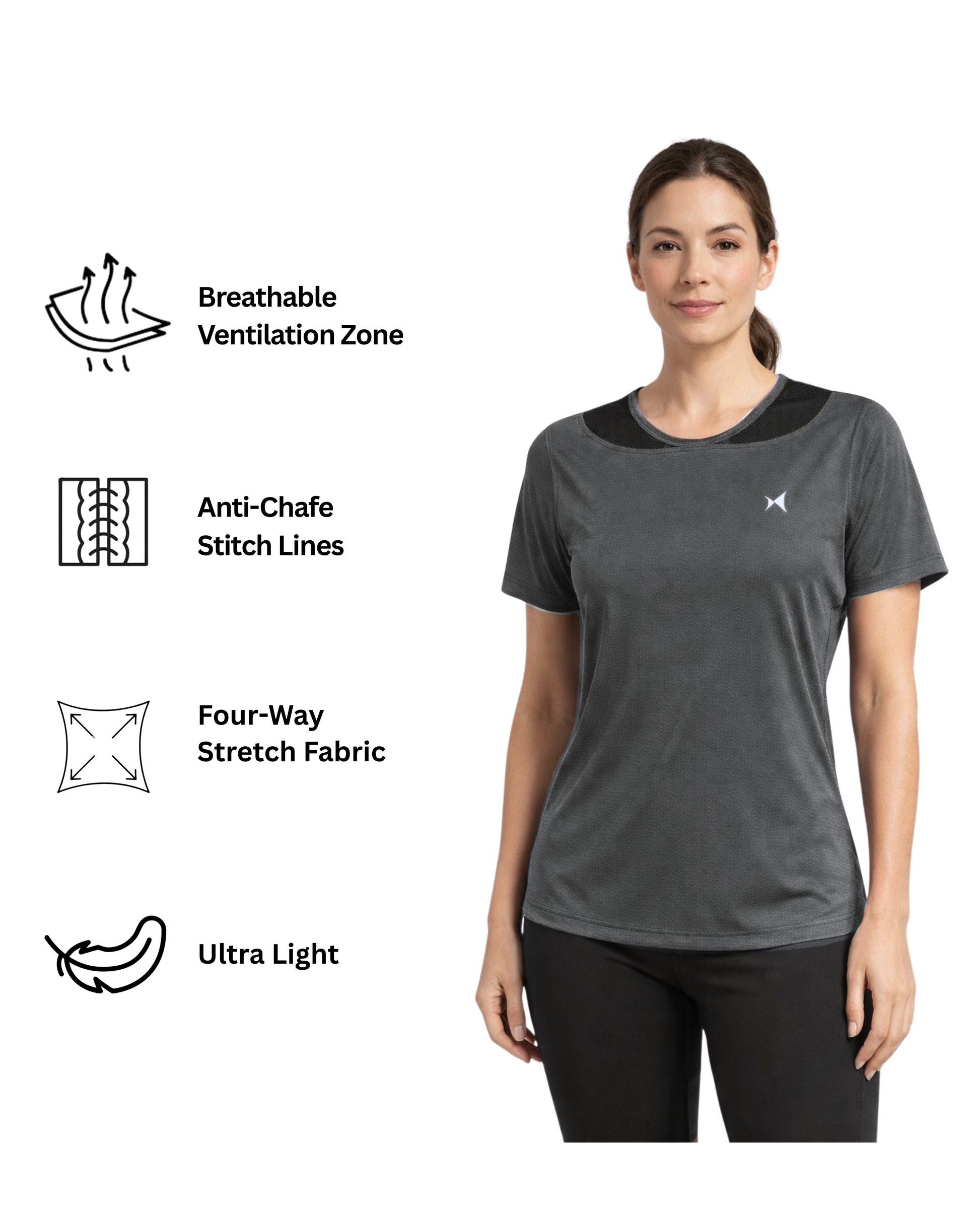 Woman wearing a gray athletic shirt with feature icons on a white background