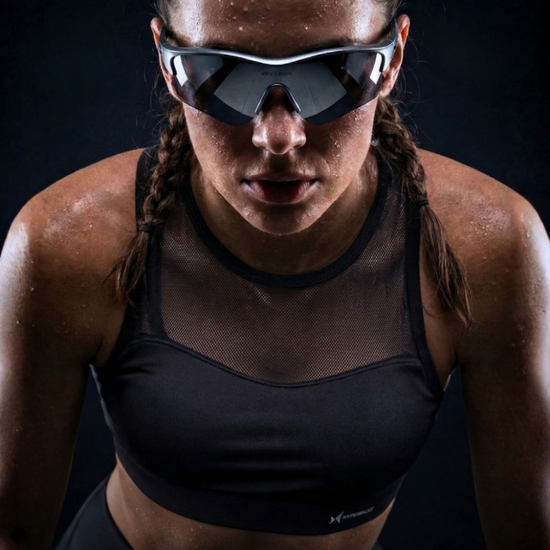 Athletic woman wearing sunglasses and a sports bra against a dark background