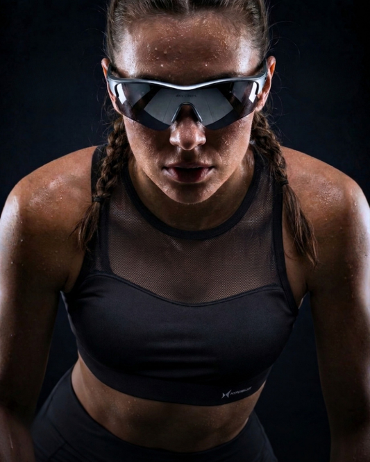 Athletic woman wearing sunglasses and a sports bra against a dark background