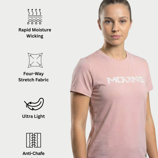 Woman wearing a pink t-shirt with 'MOVING' text, surrounded by fabric feature icons on a white background.