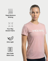 Woman wearing a pink t-shirt with 'MOVING' text, surrounded by fabric feature icons on a white background.