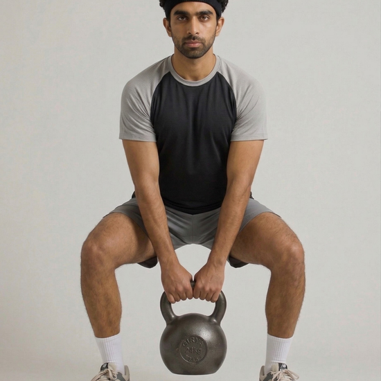 Man performing a kettlebell exercise on a plain background