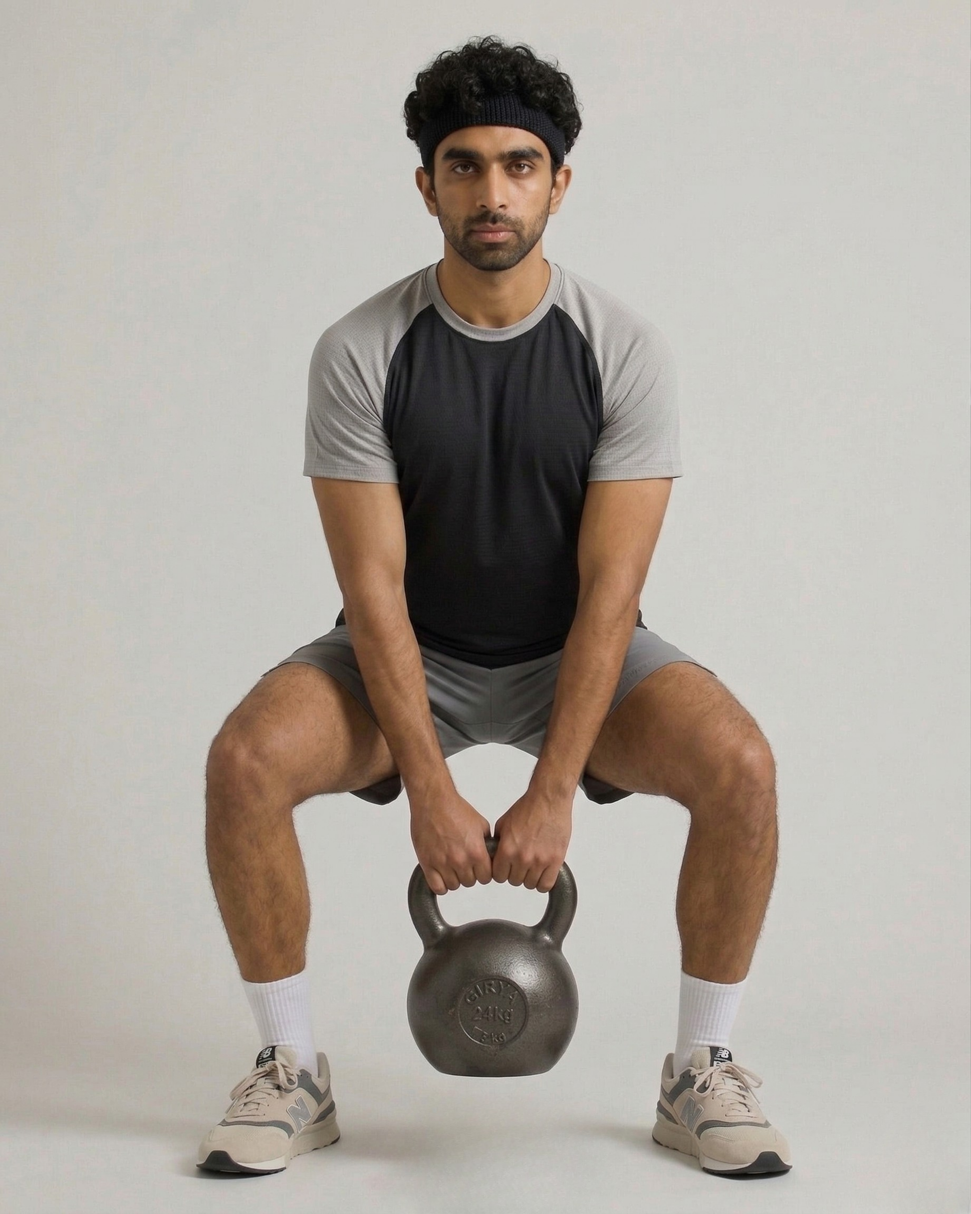 Man performing a kettlebell exercise on a plain background