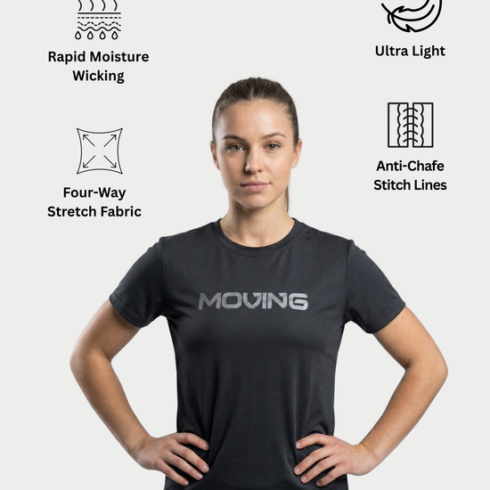Woman wearing a black athletic shirt with features highlighted on a white background