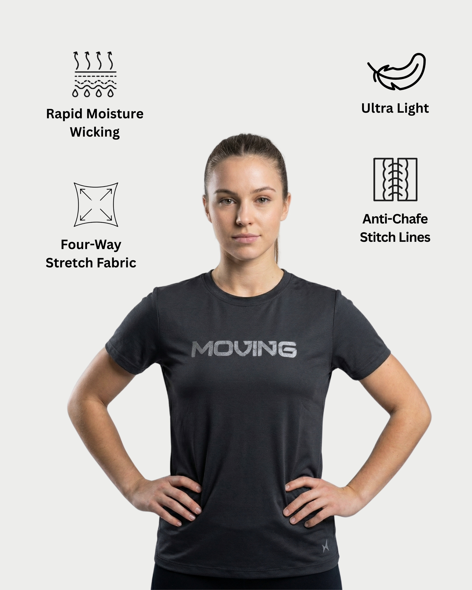 Woman wearing a black athletic shirt with features highlighted on a white background