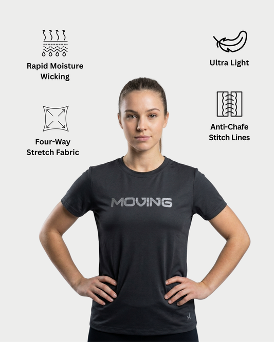 Woman wearing a black athletic shirt with features highlighted on a white background