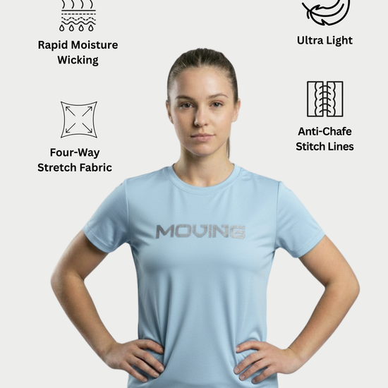 Woman wearing a light blue athletic shirt with text, standing against a white background with feature icons.