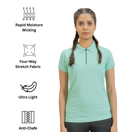 Woman wearing a light green polo shirt with text and icons on a white background