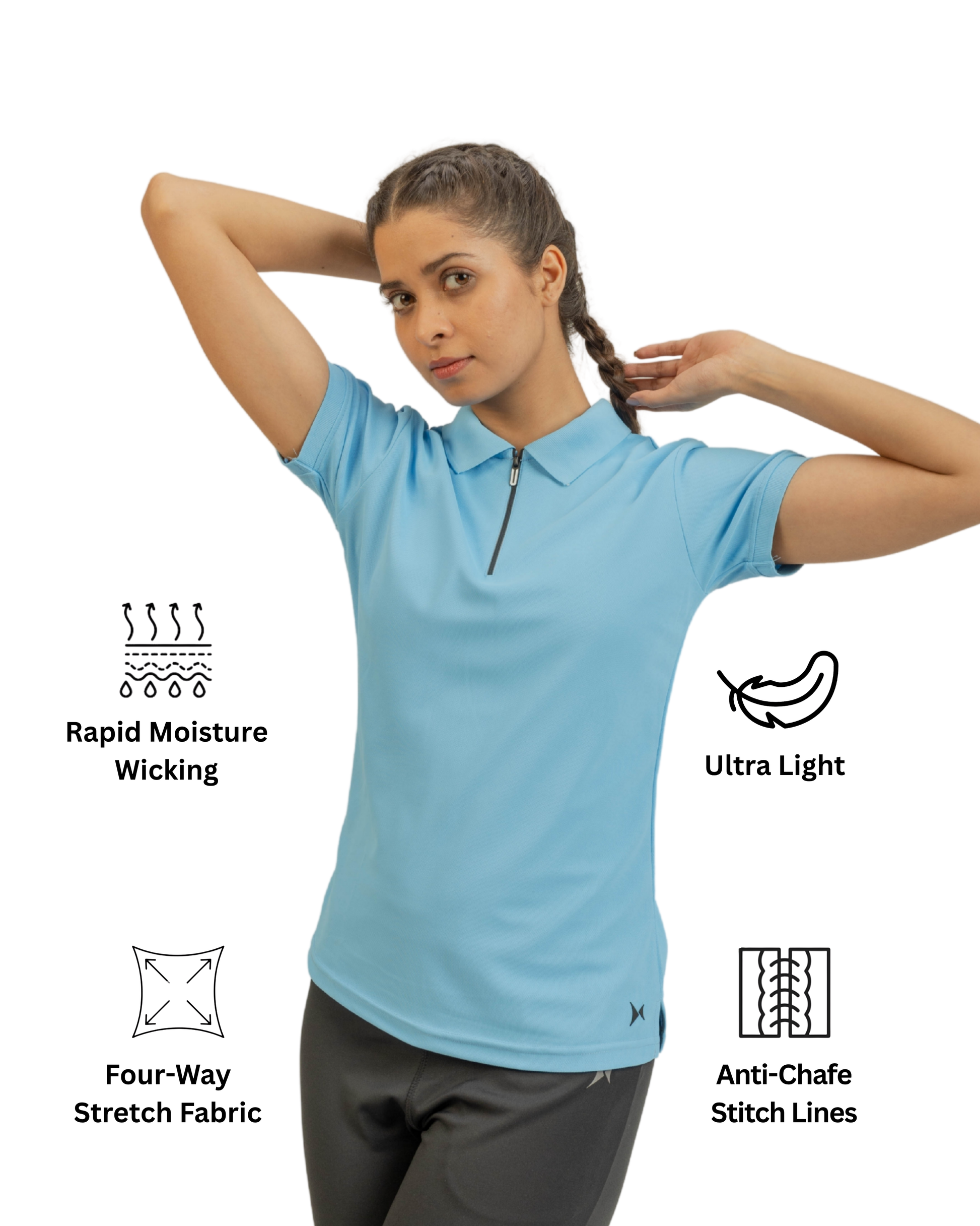 Woman wearing a light blue polo shirt with text icons indicating features like rapid moisture wicking, ultra light, four-way stretch fabric, and anti-chafe stitch lines.