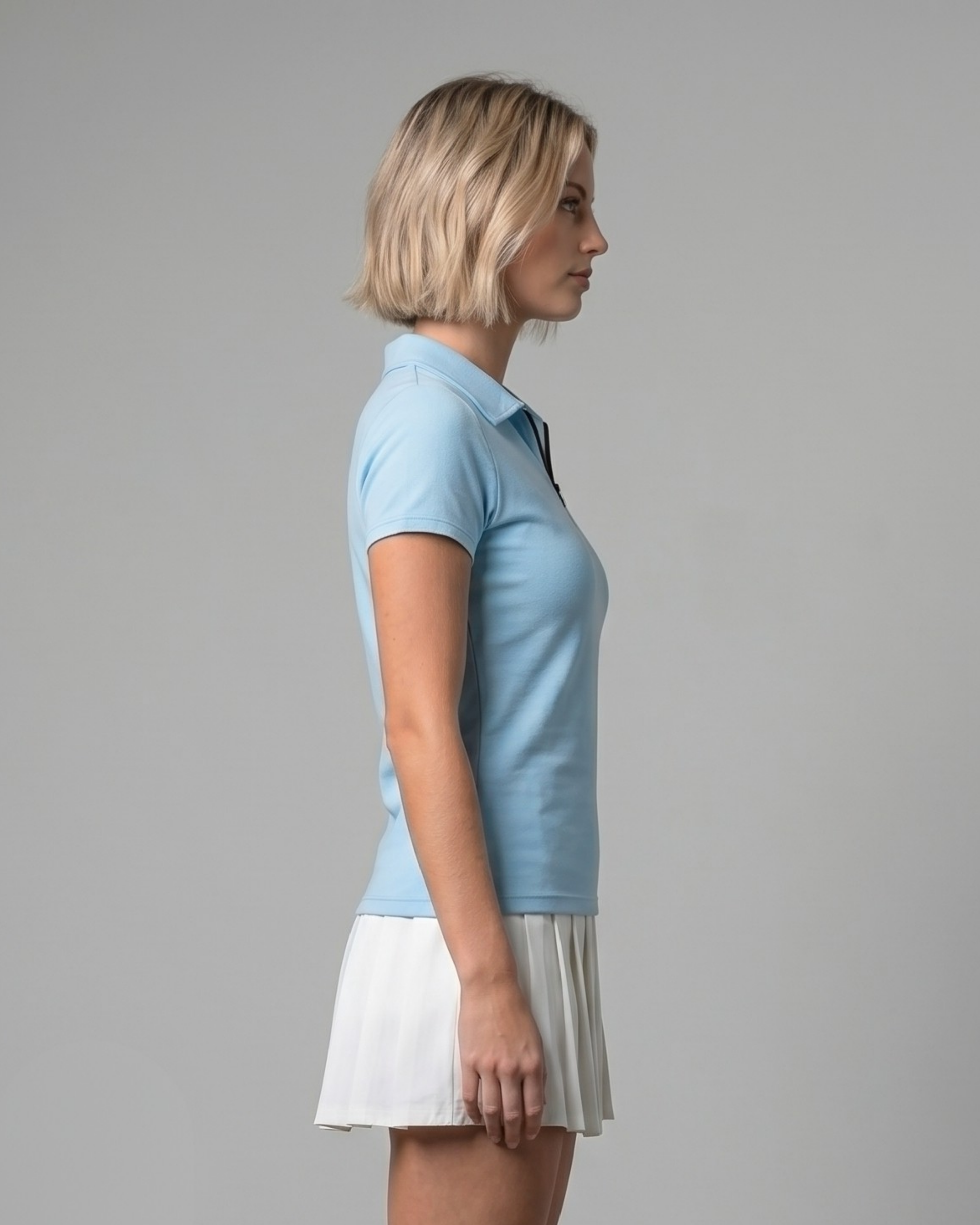 Woman wearing a light blue polo shirt and white skirt on a gray background