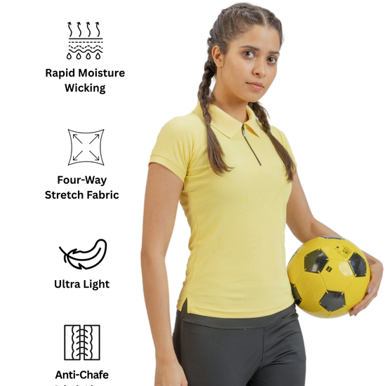 Woman holding a soccer ball wearing a yellow athletic shirt with feature icons on a white background