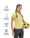 Woman holding a soccer ball wearing a yellow athletic shirt with feature icons on a white background