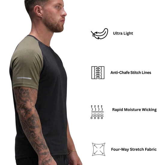 Man wearing a black and green athletic shirt with feature icons on a white background