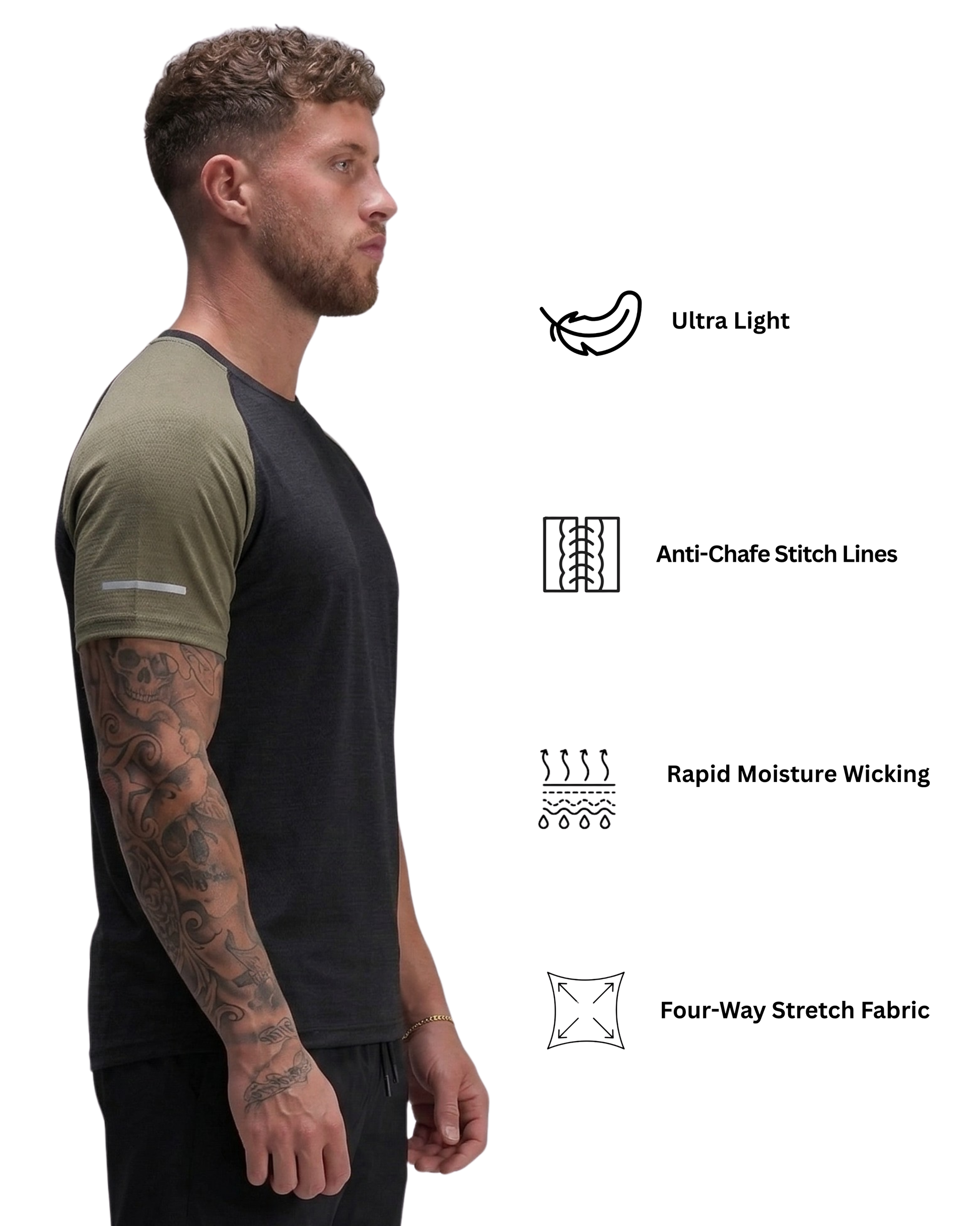 Man wearing a black and green athletic shirt with feature icons on a white background