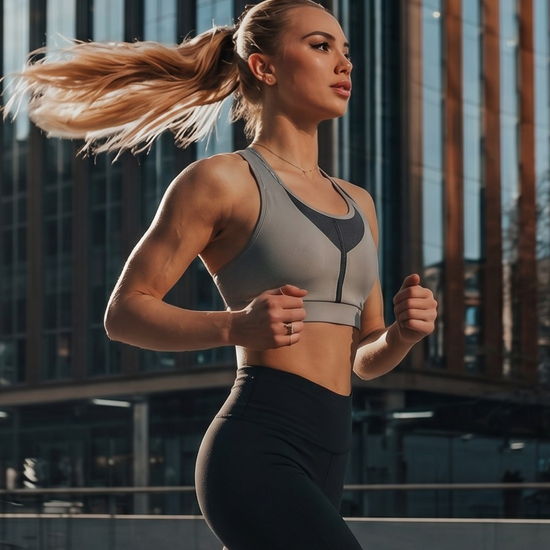 Woman running outdoors with modern buildings in the background