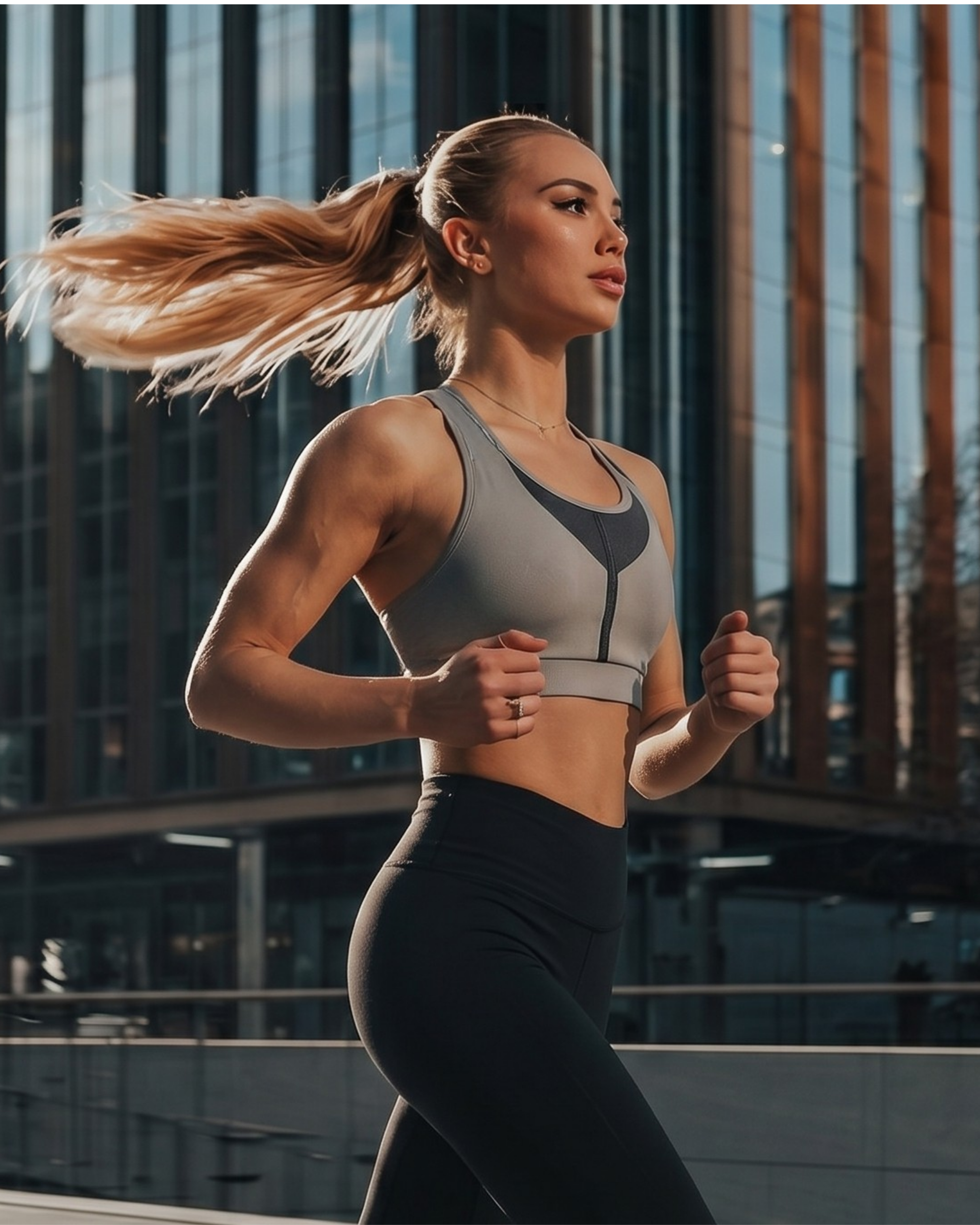 Woman running outdoors with modern buildings in the background