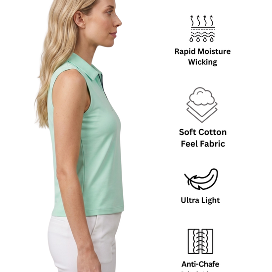 Woman wearing a light green sleeveless polo shirt with text icons and descriptions on a white background