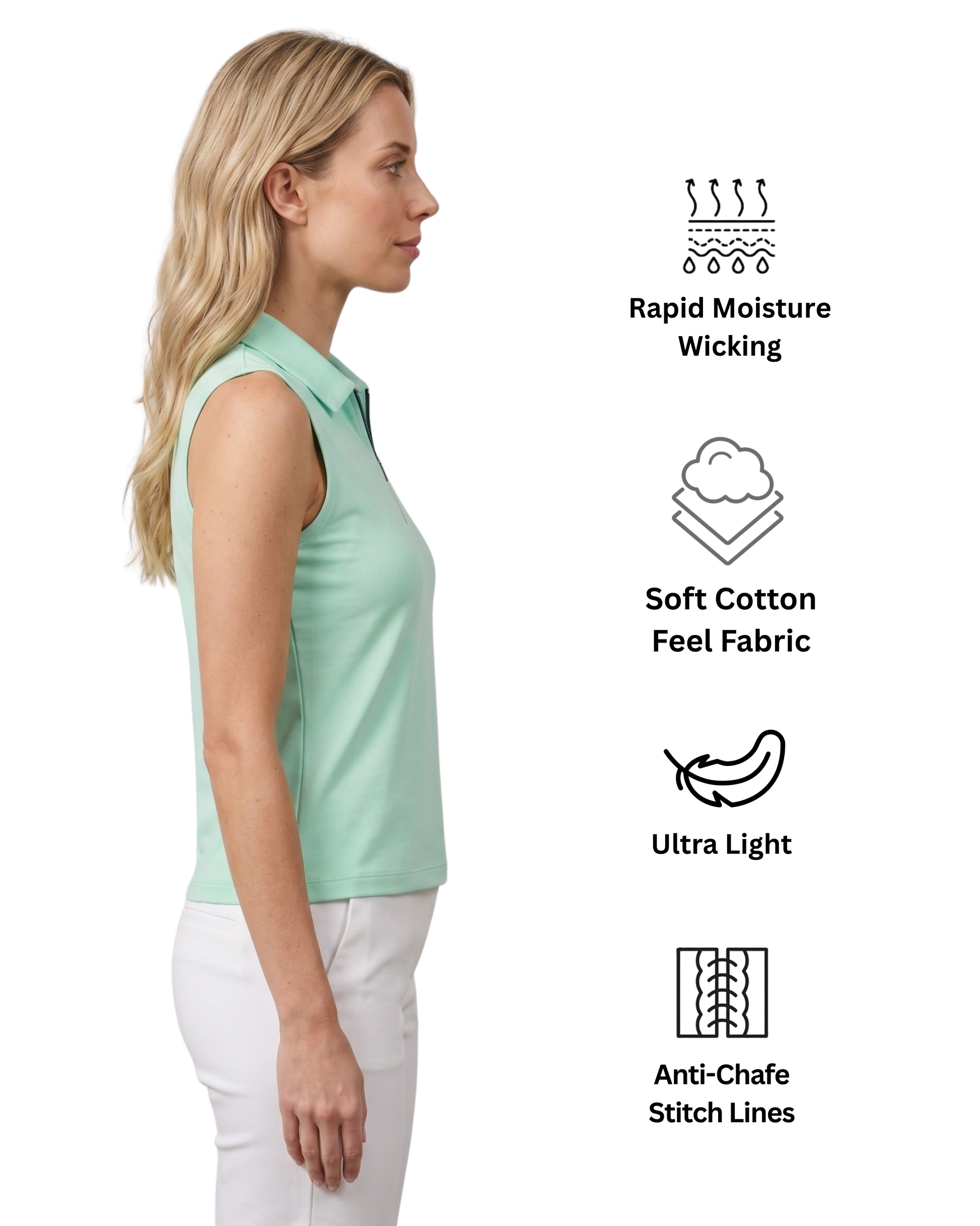 Woman wearing a light green sleeveless polo shirt with text icons and descriptions on a white background