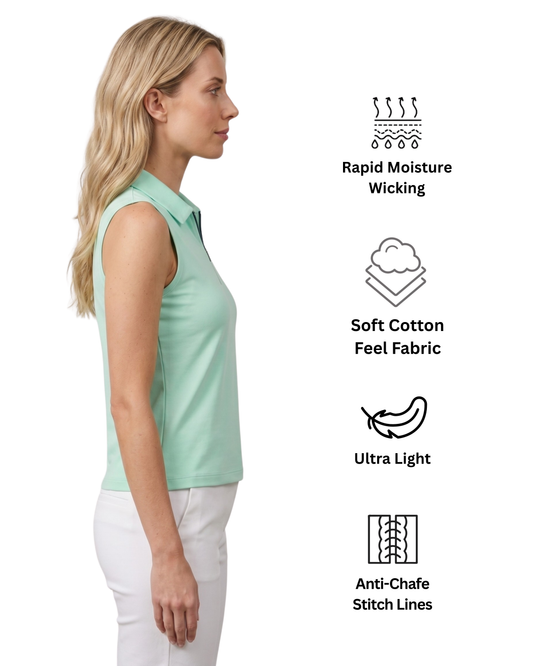 Woman wearing a light green sleeveless polo shirt with text icons and descriptions on a white background