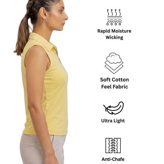 Woman wearing a yellow sleeveless shirt with text icons indicating features like rapid moisture wicking, soft cotton feel fabric, ultra light weight, and anti-chafe stitch lines.