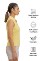 Woman wearing a yellow sleeveless shirt with text icons indicating features like rapid moisture wicking, soft cotton feel fabric, ultra light weight, and anti-chafe stitch lines.