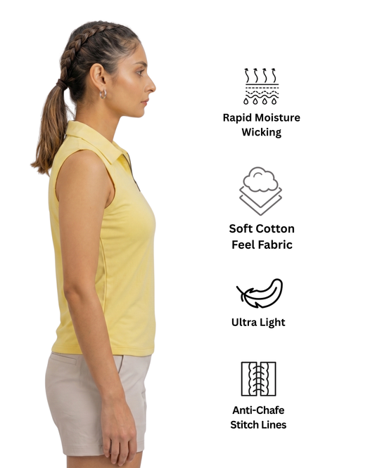 Woman wearing a yellow sleeveless shirt with text icons indicating features like rapid moisture wicking, soft cotton feel fabric, ultra light weight, and anti-chafe stitch lines.