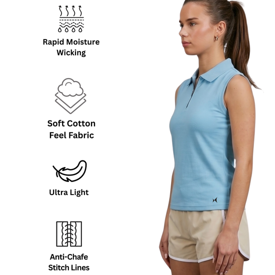 Woman wearing a light blue sleeveless shirt with text indicating fabric features on a white background