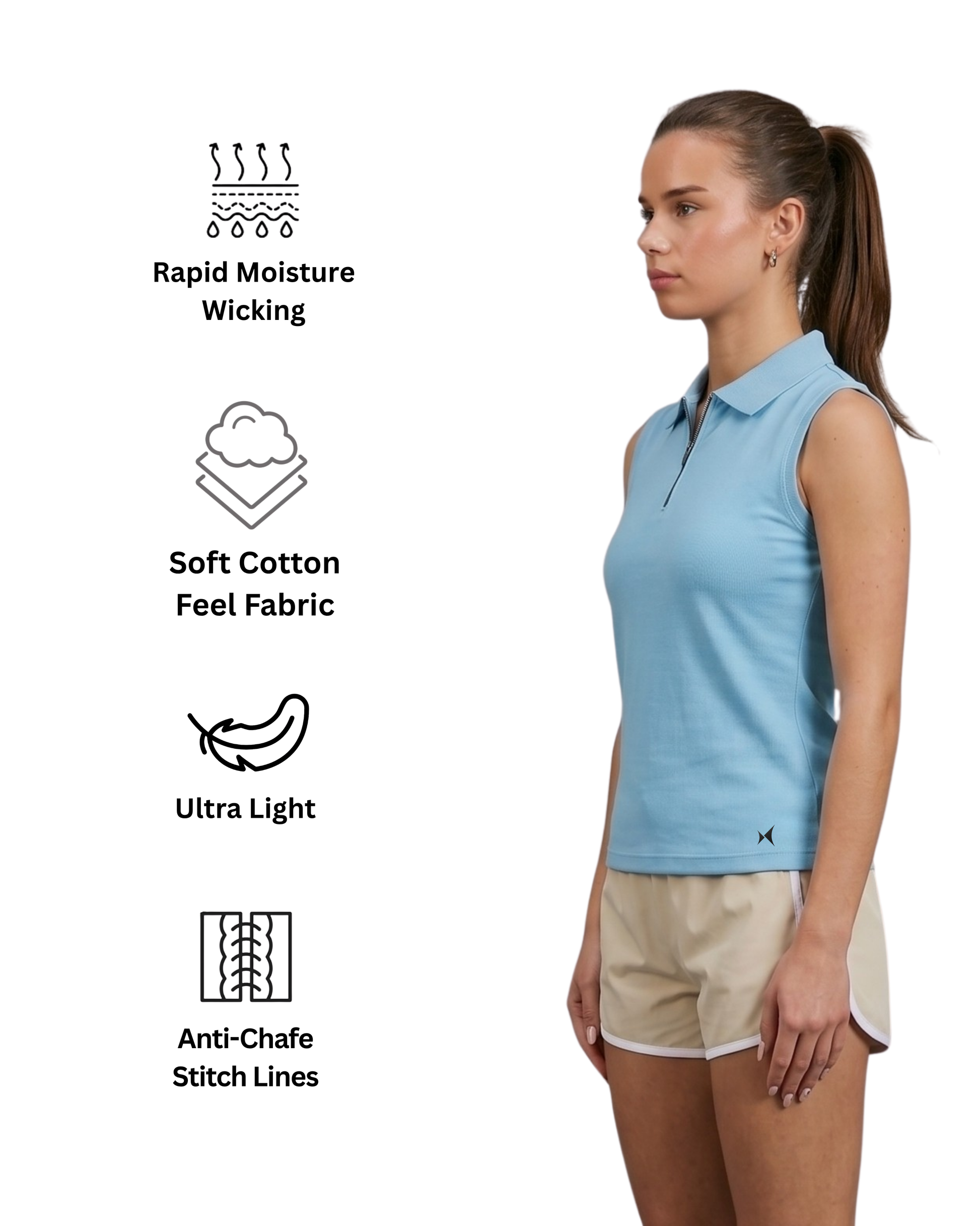 Woman wearing a light blue sleeveless shirt with text indicating fabric features on a white background