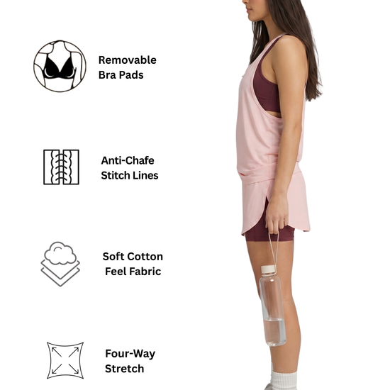 Woman wearing athletic gear with text highlighting features like removable bra pads, anti-chafe stitch lines, soft cotton feel fabric, and four-way stretch.