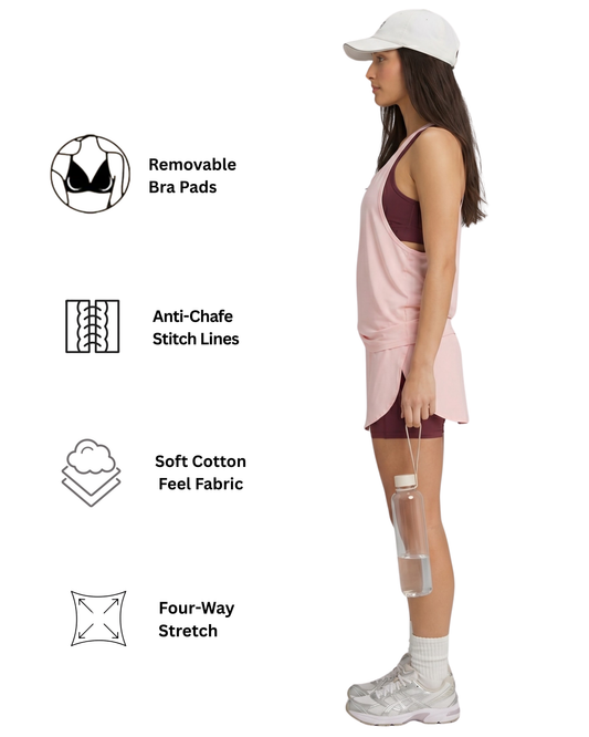 Woman wearing athletic gear with text highlighting features like removable bra pads, anti-chafe stitch lines, soft cotton feel fabric, and four-way stretch.