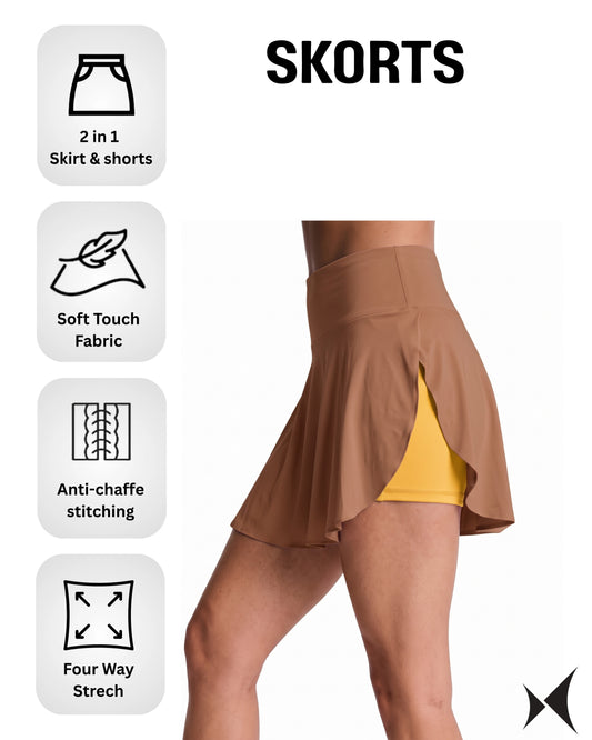 Feature call out - Brown & Yellow skort: 2 in 1 skirt and shorts, soft touch fabric, anti-chafe stitching, four way stretch