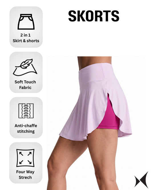 Feature call out - Purple & Pink skort: 2 in 1 skirt and shorts, soft touch fabric, anti-chafe stitching, four way stretch