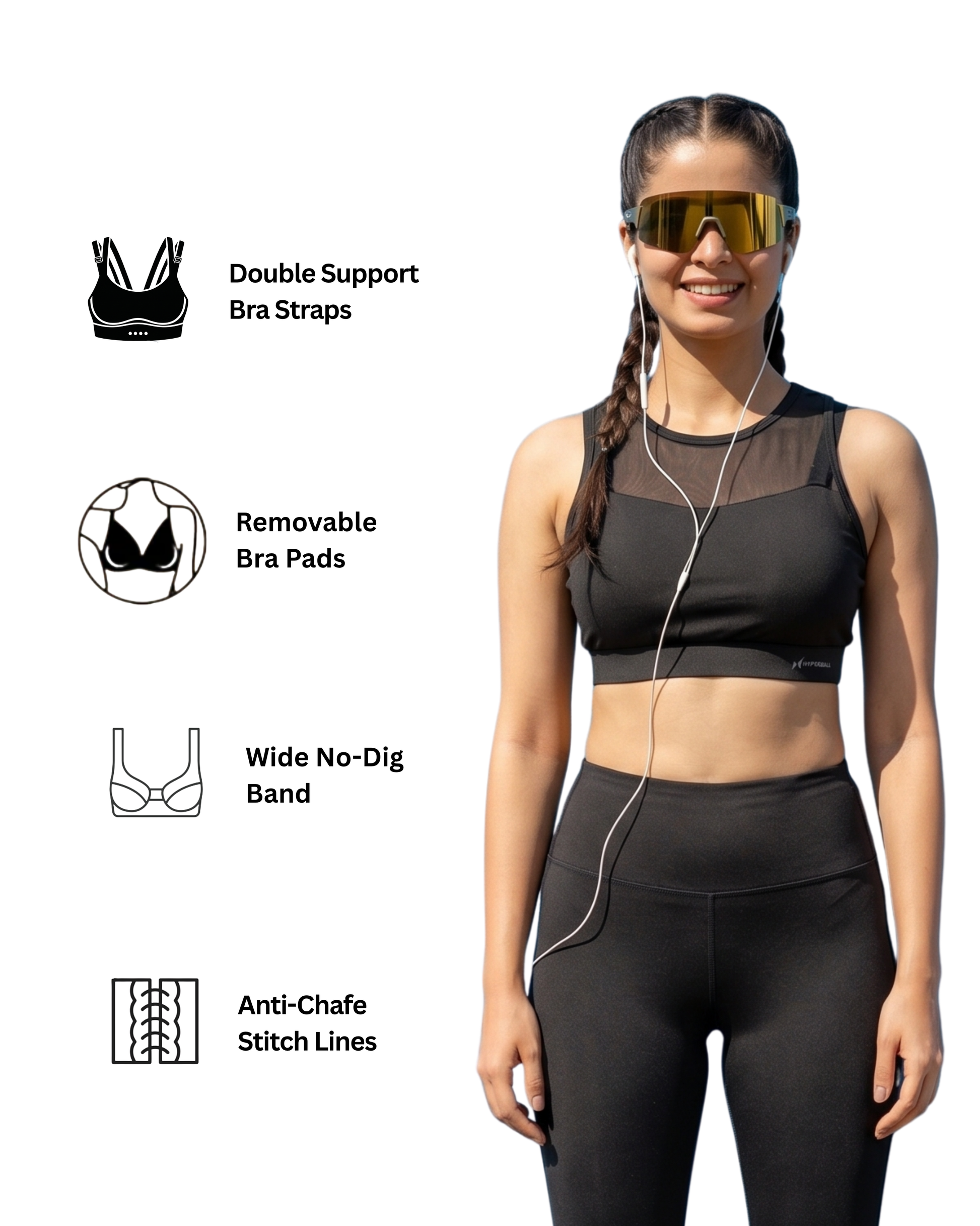 Woman wearing a black sports bra and leggings with product features highlighted on a white background