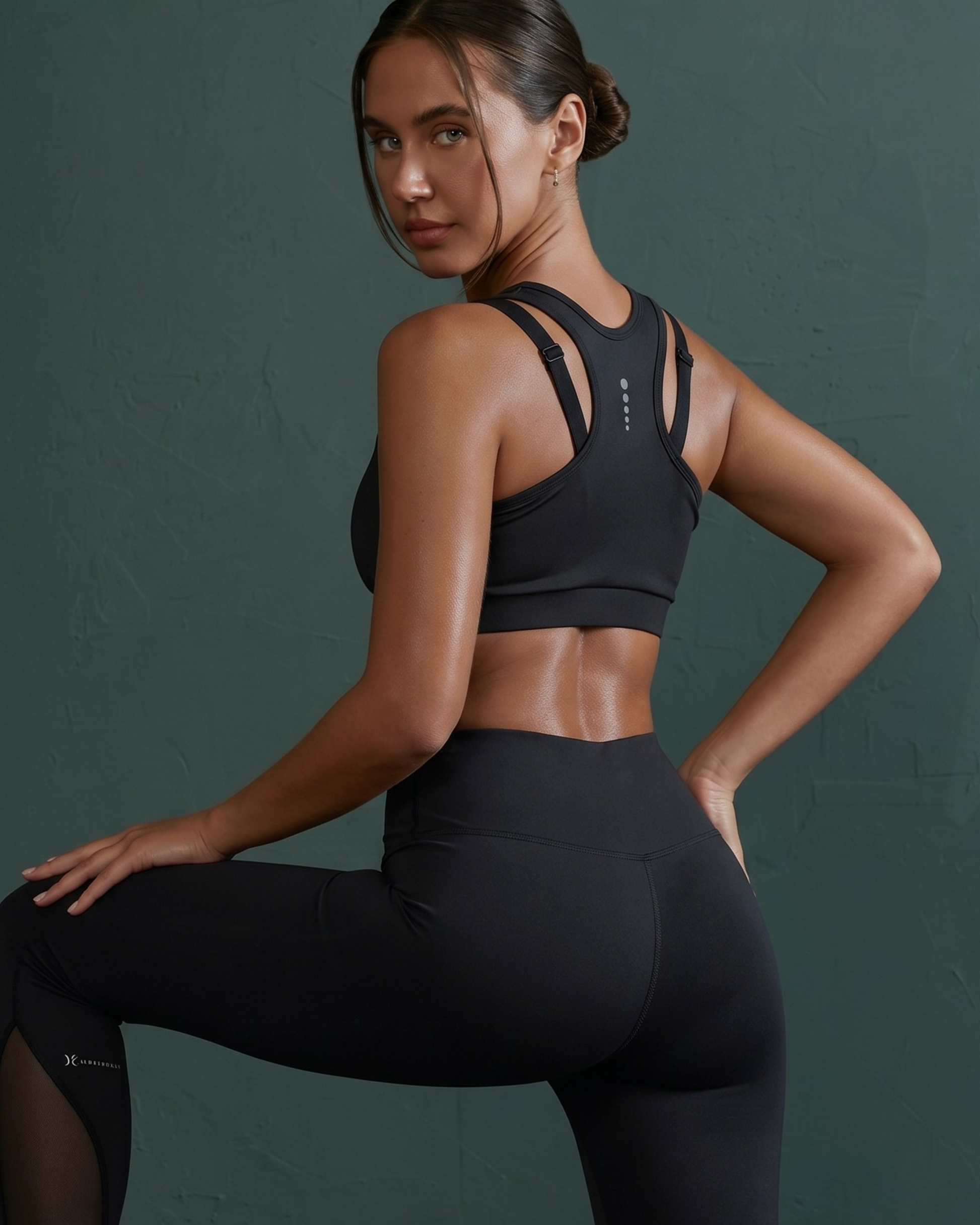 Woman wearing a black sports bra and leggings against a dark background
