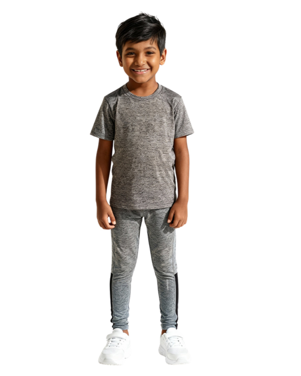 Child wearing the FunLuv kids set in grey, front view on a white background