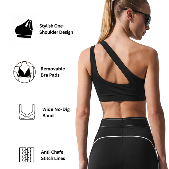 Woman wearing a black sports bra and leggings with feature icons on a white background